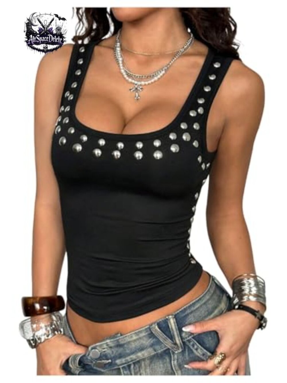 Y2K Punk Ruched Studded Tank Top Square Neck Fitted Streetwear Going Out Top